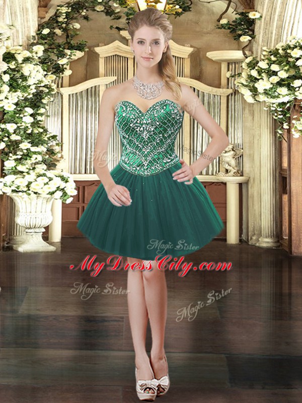 Dark Green Ball Gowns Sweetheart Sleeveless Tulle Mini Length Lace Up Beading Prom Gown