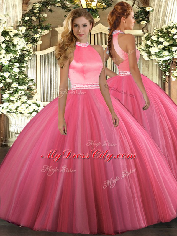 Free and Easy Ball Gowns Quinceanera Dress Coral Red Halter Top Tulle Sleeveless Floor Length Backless