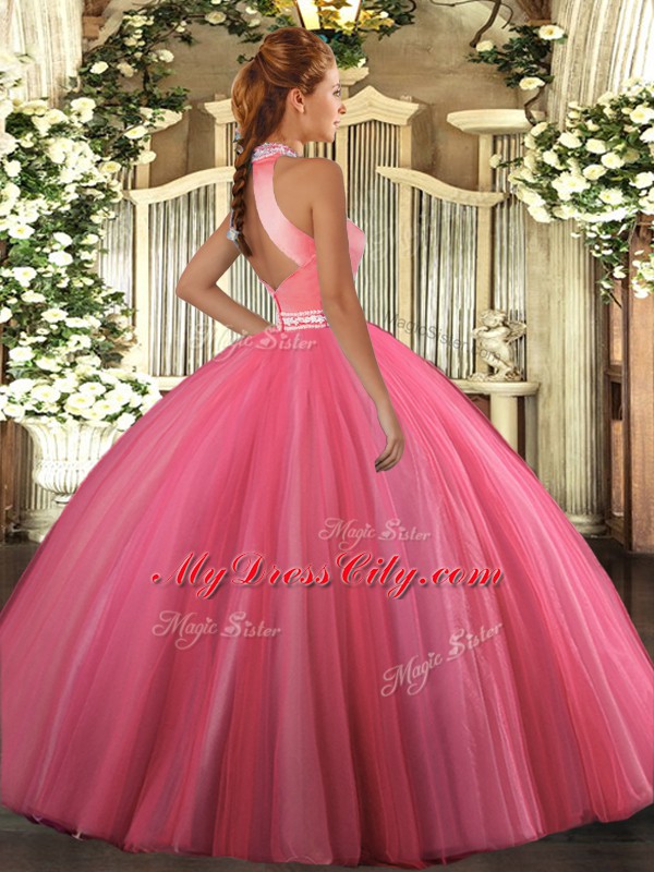 Free and Easy Ball Gowns Quinceanera Dress Coral Red Halter Top Tulle Sleeveless Floor Length Backless