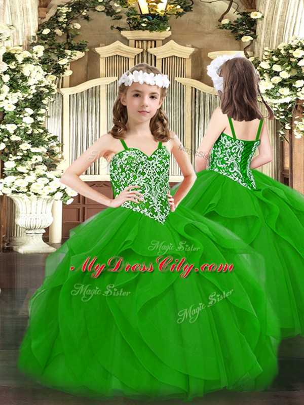 Edgy Sleeveless Tulle Floor Length Lace Up Quince Ball Gowns in Green with Beading and Ruffles