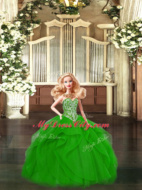 Edgy Sleeveless Tulle Floor Length Lace Up Quince Ball Gowns in Green with Beading and Ruffles