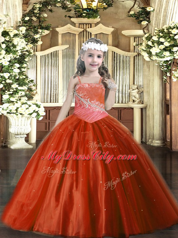 Sleeveless Tulle Floor Length Lace Up Little Girls Pageant Gowns in Rust Red with Beading
