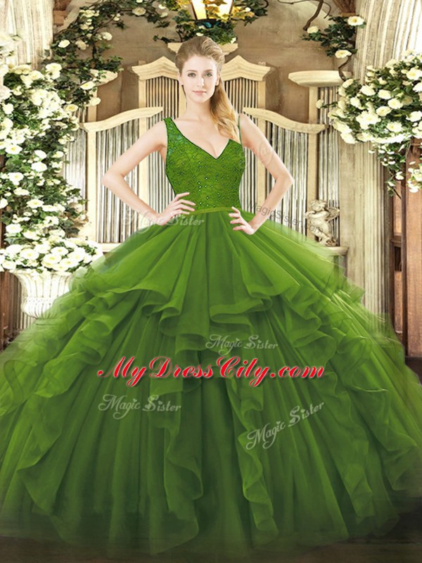 Floor Length Olive Green Quinceanera Gown Organza Sleeveless Ruffles
