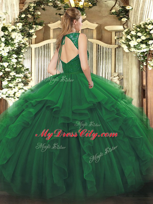 Floor Length Olive Green Quinceanera Gown Organza Sleeveless Ruffles