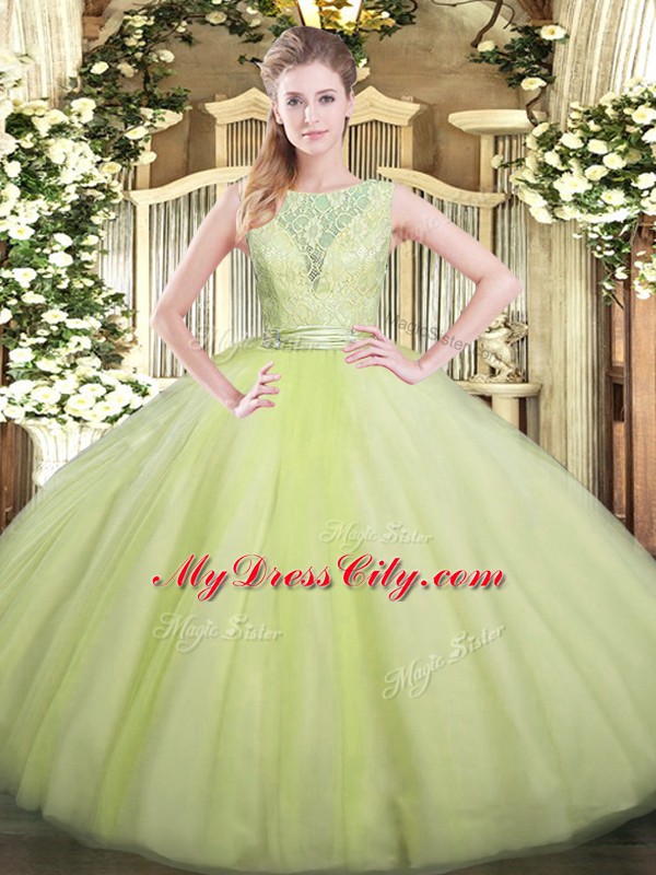 Yellow Green Scoop Backless Lace Sweet 16 Dress Sleeveless