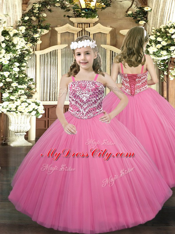 Trendy Rose Pink Tulle Lace Up Ball Gown Prom Dress Sleeveless Floor Length Beading