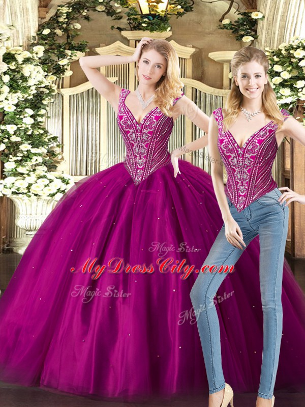 V-neck Sleeveless Lace Up Sweet 16 Dress Fuchsia Tulle