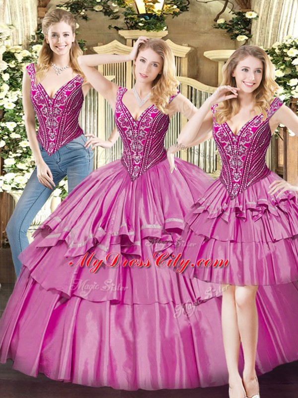 Unique Fuchsia Organza Lace Up V-neck Sleeveless Floor Length Sweet 16 Quinceanera Dress Beading and Ruffled Layers