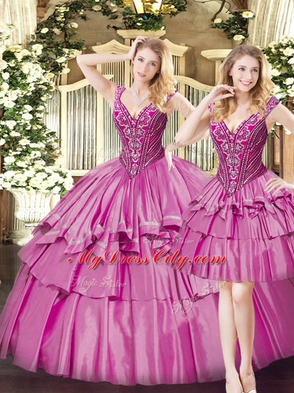 Unique Fuchsia Organza Lace Up V-neck Sleeveless Floor Length Sweet 16 Quinceanera Dress Beading and Ruffled Layers