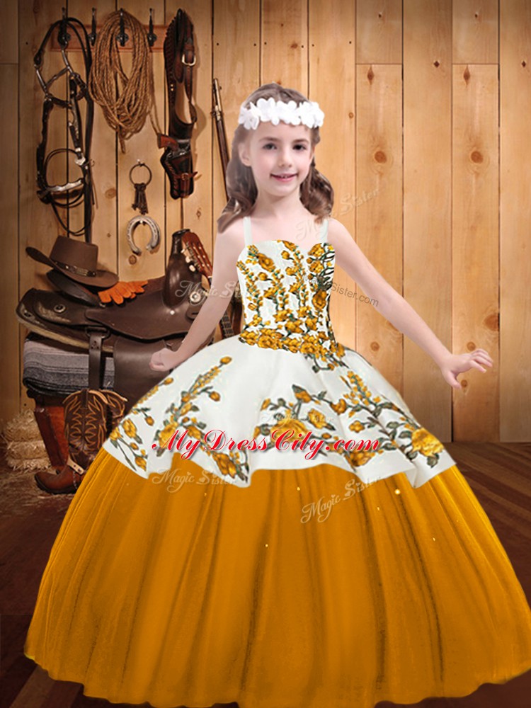 Gold Ball Gowns Straps Sleeveless Tulle Floor Length Lace Up Embroidery Little Girls Pageant Dress Wholesale