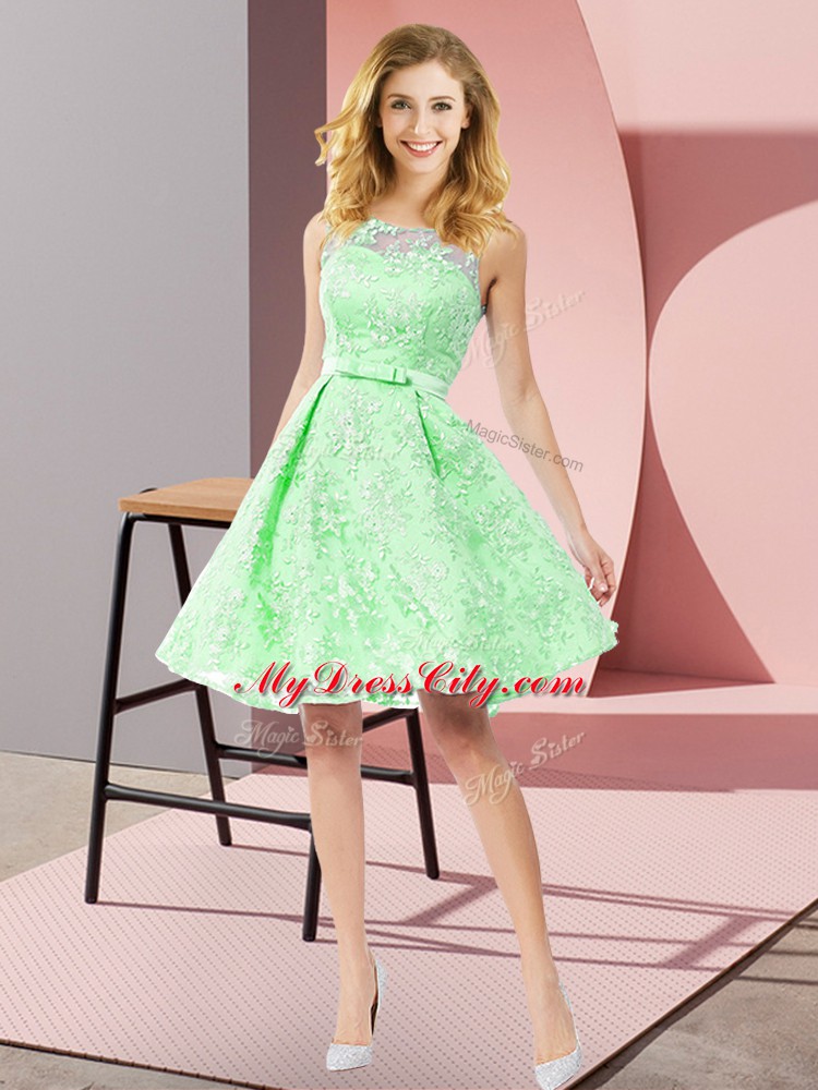 A-line Lace Scoop Sleeveless Bowknot Knee Length Zipper Dama Dress for Quinceanera