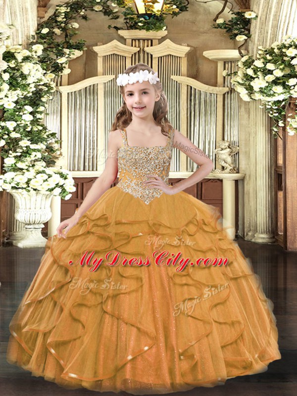 Straps Sleeveless Child Pageant Dress Floor Length Beading and Ruffles Orange Tulle