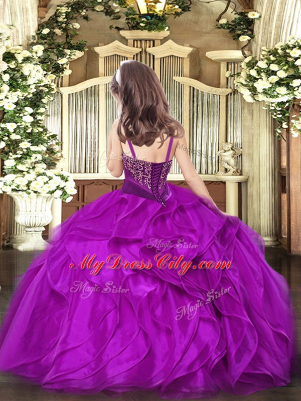 Popular Sleeveless Floor Length Beading and Ruffles Lace Up Girls Pageant Dresses with Purple