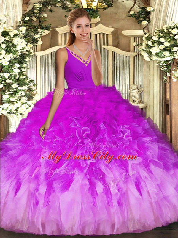 Multi-color Backless V-neck Ruffles Quinceanera Gowns Tulle Sleeveless