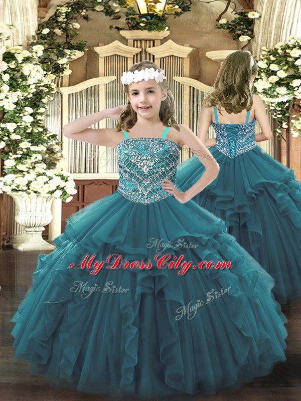 Teal Lace Up Straps Beading and Ruffles Child Pageant Dress Organza Sleeveless