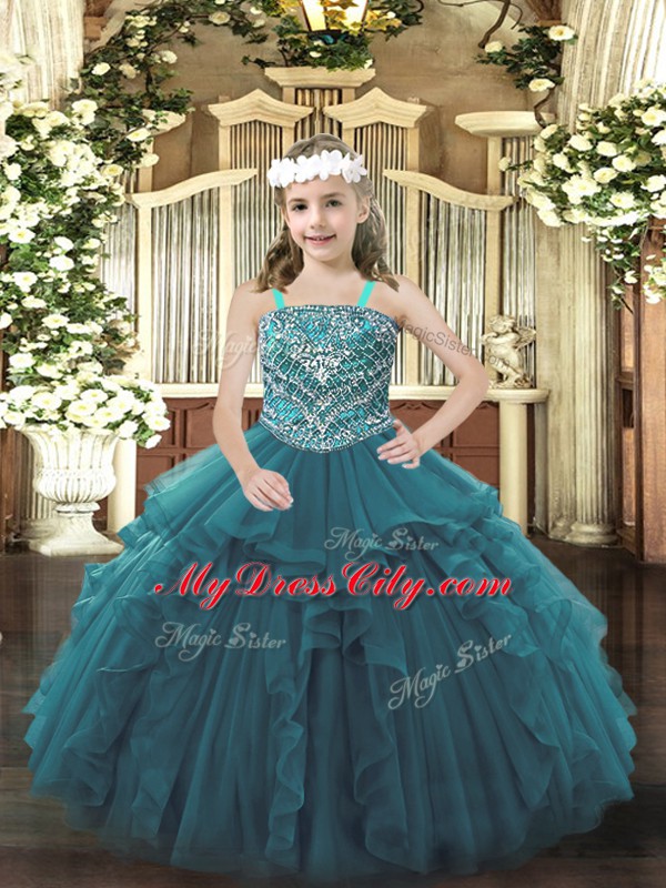 Teal Lace Up Straps Beading and Ruffles Child Pageant Dress Organza Sleeveless