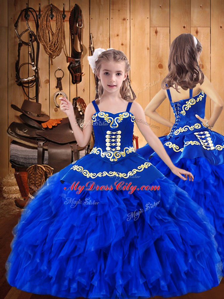 Fashionable Straps Sleeveless Lace Up Little Girls Pageant Dress Wholesale Royal Blue Organza
