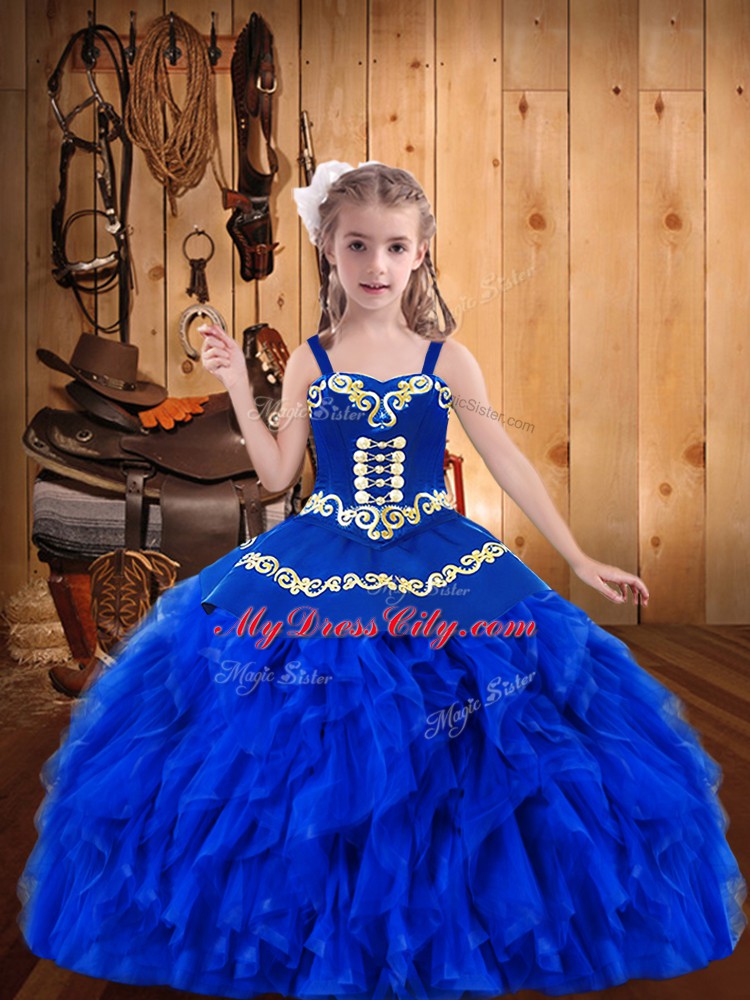 Fashionable Straps Sleeveless Lace Up Little Girls Pageant Dress Wholesale Royal Blue Organza