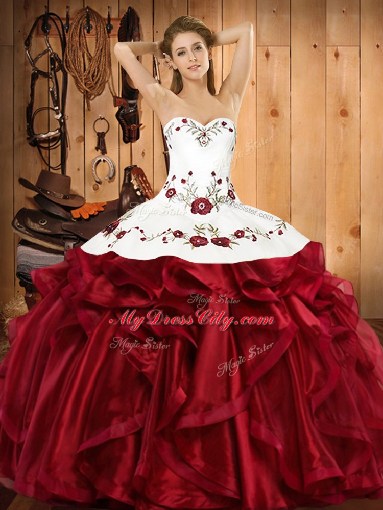 Fine Wine Red Ball Gowns Organza Sweetheart Sleeveless Embroidery and Ruffles Floor Length Lace Up Sweet 16 Quinceanera Dress