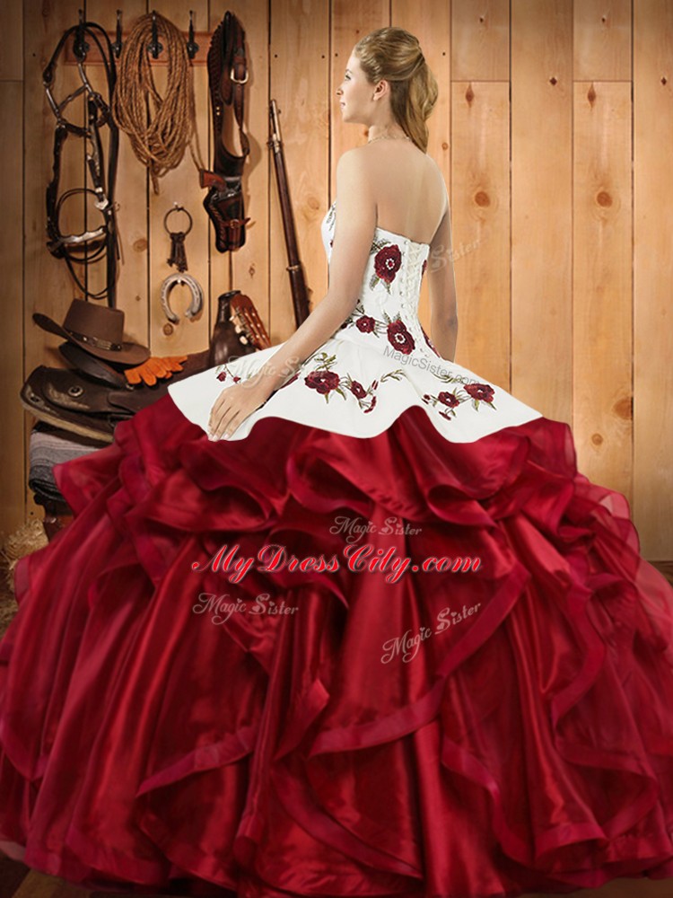 Fine Wine Red Ball Gowns Organza Sweetheart Sleeveless Embroidery and Ruffles Floor Length Lace Up Sweet 16 Quinceanera Dress