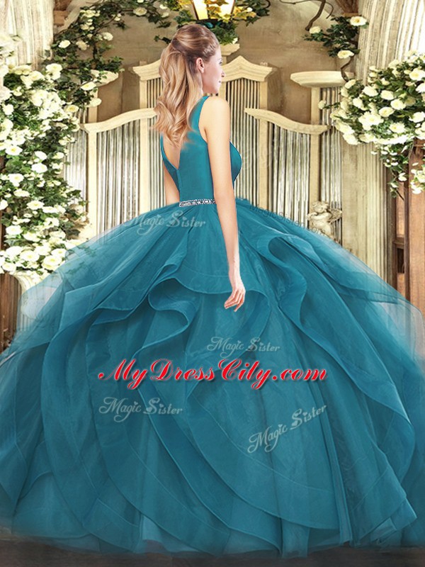 Fancy V-neck Sleeveless Tulle Quinceanera Gowns Beading and Ruffles Zipper