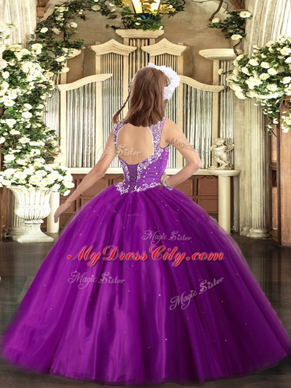 Purple Tulle Lace Up V-neck Sleeveless Floor Length Child Pageant Dress Beading