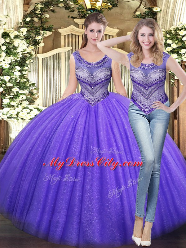 Unique Lavender Ball Gowns Tulle Scoop Sleeveless Beading Floor Length Lace Up Sweet 16 Dresses