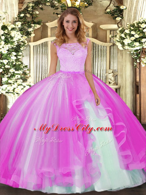 Scoop Sleeveless Tulle Sweet 16 Dress Lace and Ruffles Clasp Handle