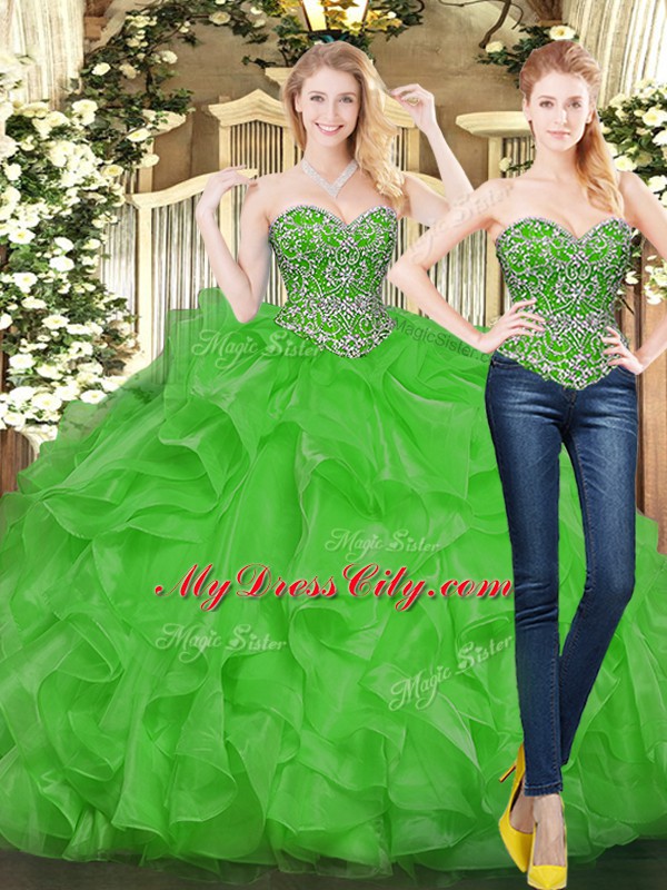 Green Ball Gowns Sweetheart Sleeveless Tulle Floor Length Lace Up Beading and Ruffles Quinceanera Dresses