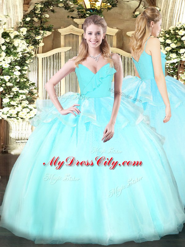 Custom Design Light Blue Sleeveless Organza Zipper Sweet 16 Quinceanera Dress for Military Ball and Sweet 16 and Quinceanera