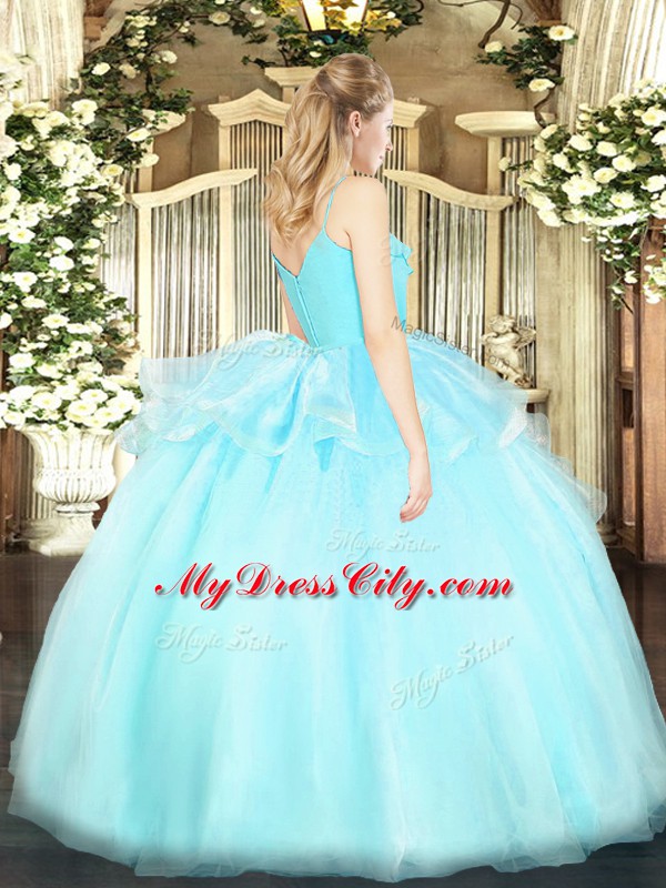 Custom Design Light Blue Sleeveless Organza Zipper Sweet 16 Quinceanera Dress for Military Ball and Sweet 16 and Quinceanera