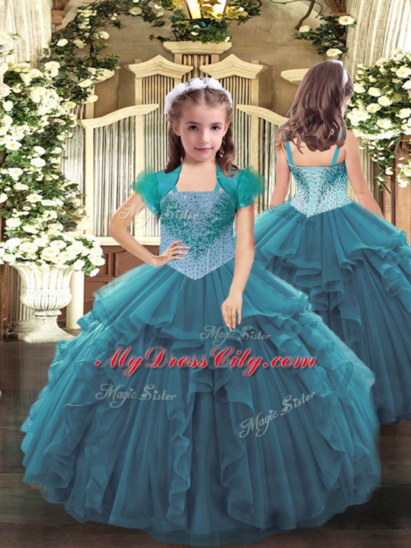Floor Length Teal Kids Formal Wear Straps Sleeveless Lace Up