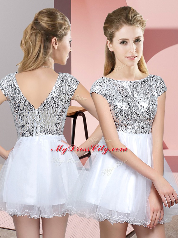 Clearance Mini Length White Quinceanera Court Dresses Scoop Cap Sleeves Zipper