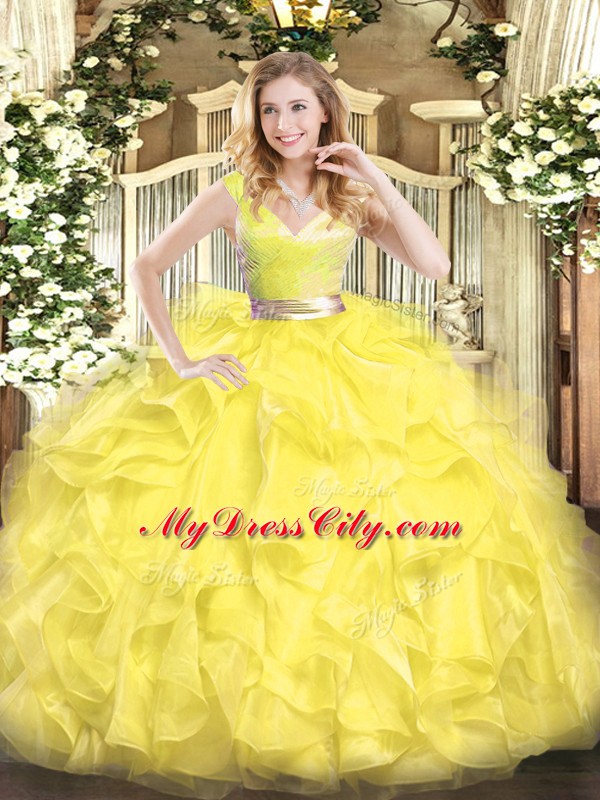 Smart Yellow Sleeveless Beading and Ruffles Floor Length Quince Ball Gowns with Shawl