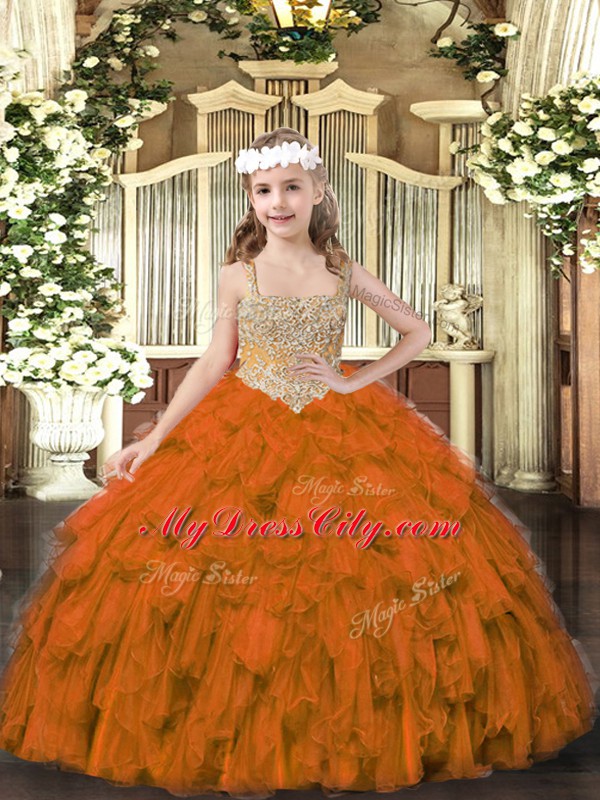 Amazing Floor Length Brown Little Girls Pageant Gowns Tulle Sleeveless Beading and Ruffles