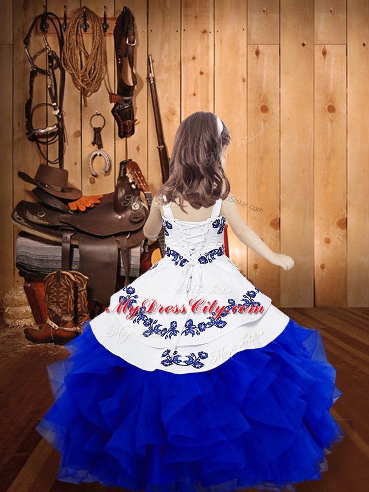 Stunning Blue Straps Lace Up Embroidery and Ruffles Kids Formal Wear Sleeveless