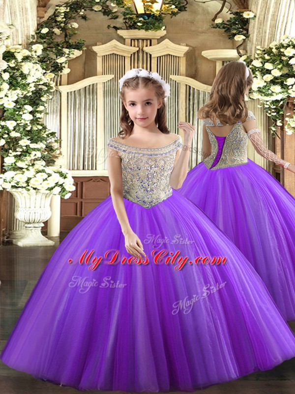 Admirable Beading Little Girls Pageant Gowns Purple Lace Up Sleeveless Floor Length