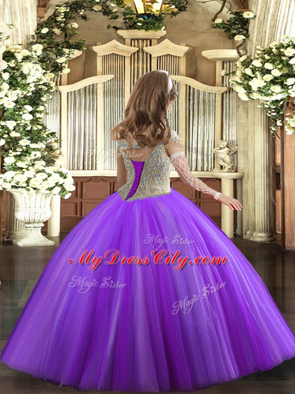 Admirable Beading Little Girls Pageant Gowns Purple Lace Up Sleeveless Floor Length
