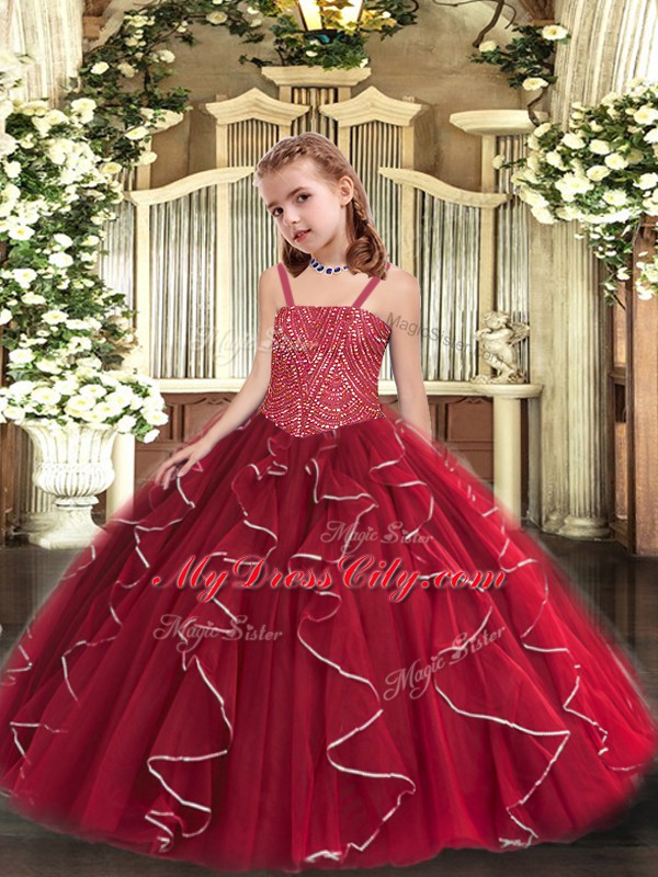Custom Made Red Ball Gowns Beading and Ruffles Little Girl Pageant Dress Lace Up Tulle Sleeveless Floor Length