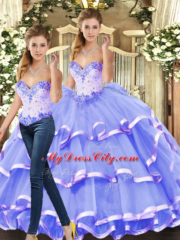 Stunning Lavender Sleeveless Floor Length Beading and Ruffled Layers Lace Up Quinceanera Gowns