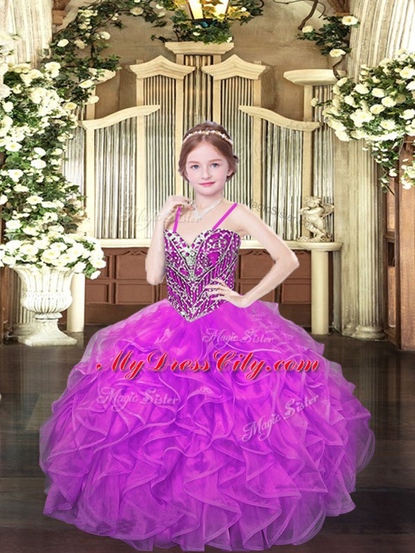 Superior Sleeveless Floor Length Beading and Ruffles Lace Up Kids Pageant Dress with Lilac