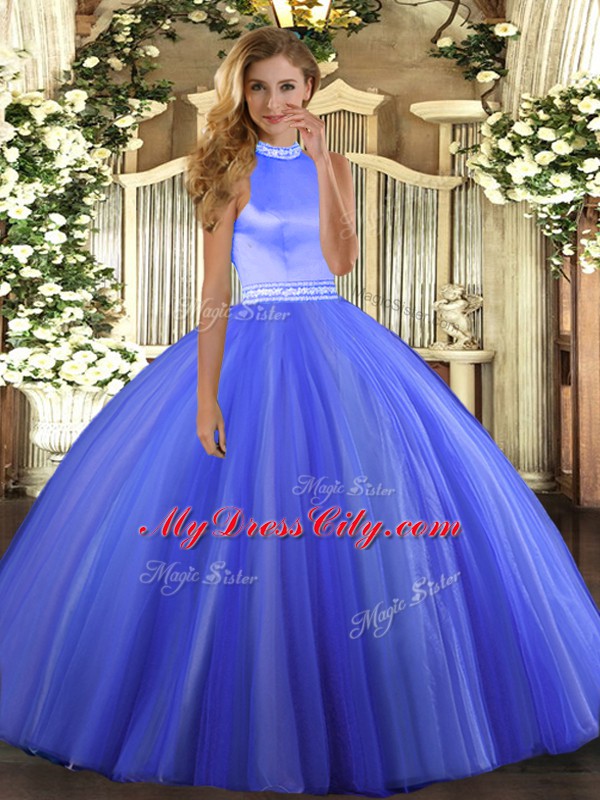 Blue Halter Top Neckline Beading Quinceanera Gown Sleeveless Backless