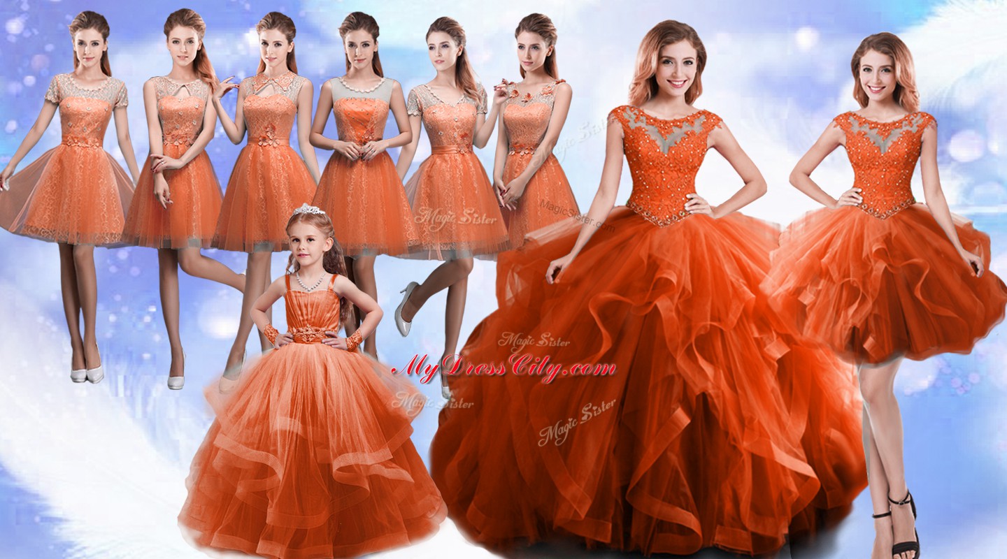 Rust Red Lace Up Quinceanera Dresses Beading and Ruffles Sleeveless Floor Length