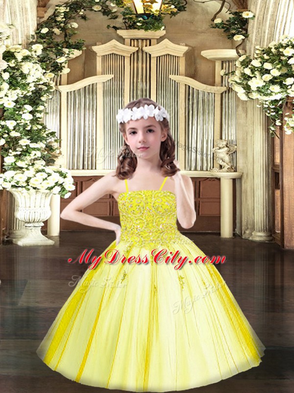Yellow Lace Up Spaghetti Straps Beading Pageant Dresses Tulle Sleeveless