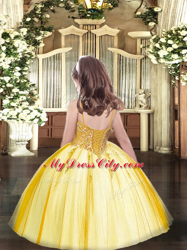 Yellow Lace Up Spaghetti Straps Beading Pageant Dresses Tulle Sleeveless