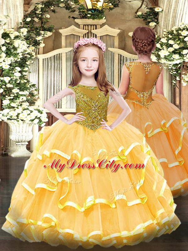Orange Scoop Zipper Beading and Ruffled Layers Little Girls Pageant Gowns Sleeveless