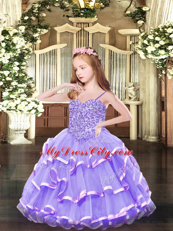 Sleeveless Floor Length Appliques and Ruffled Layers Lace Up Pageant Gowns For Girls with Lavender