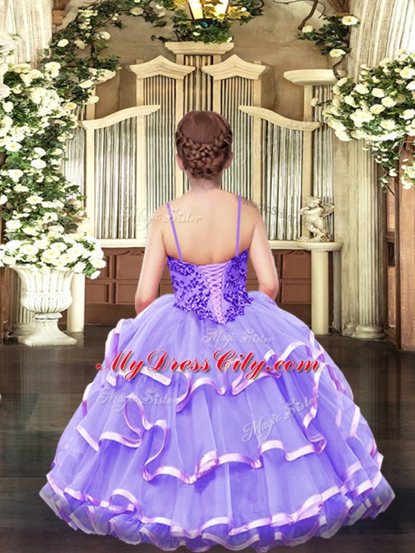 Sleeveless Floor Length Appliques and Ruffled Layers Lace Up Pageant Gowns For Girls with Lavender