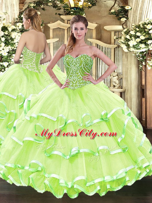 Yellow Green Sweet 16 Dresses Military Ball and Sweet 16 and Quinceanera with Beading and Ruffled Layers Sweetheart Sleeveless Lace Up