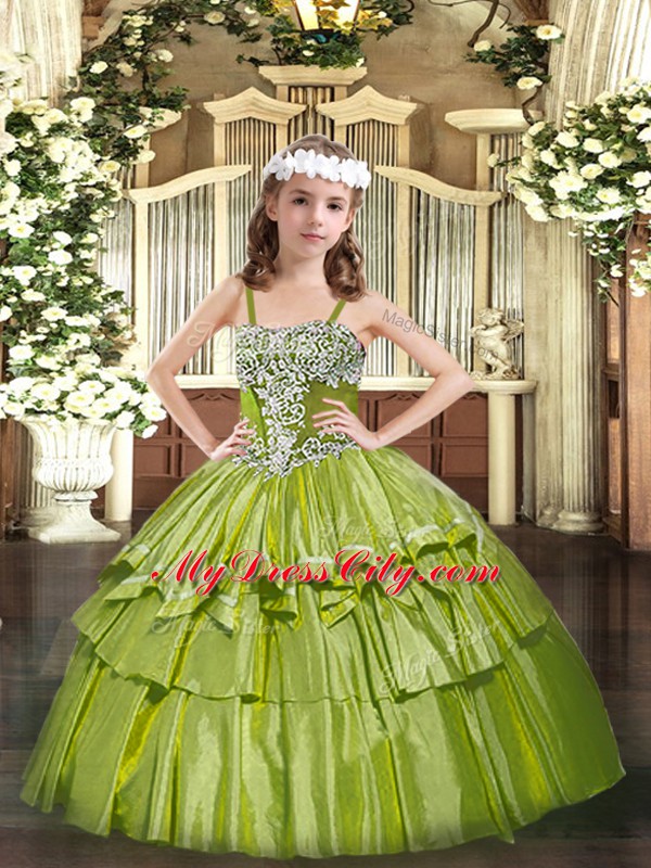 Enchanting Floor Length Olive Green Pageant Gowns For Girls Straps Sleeveless Lace Up